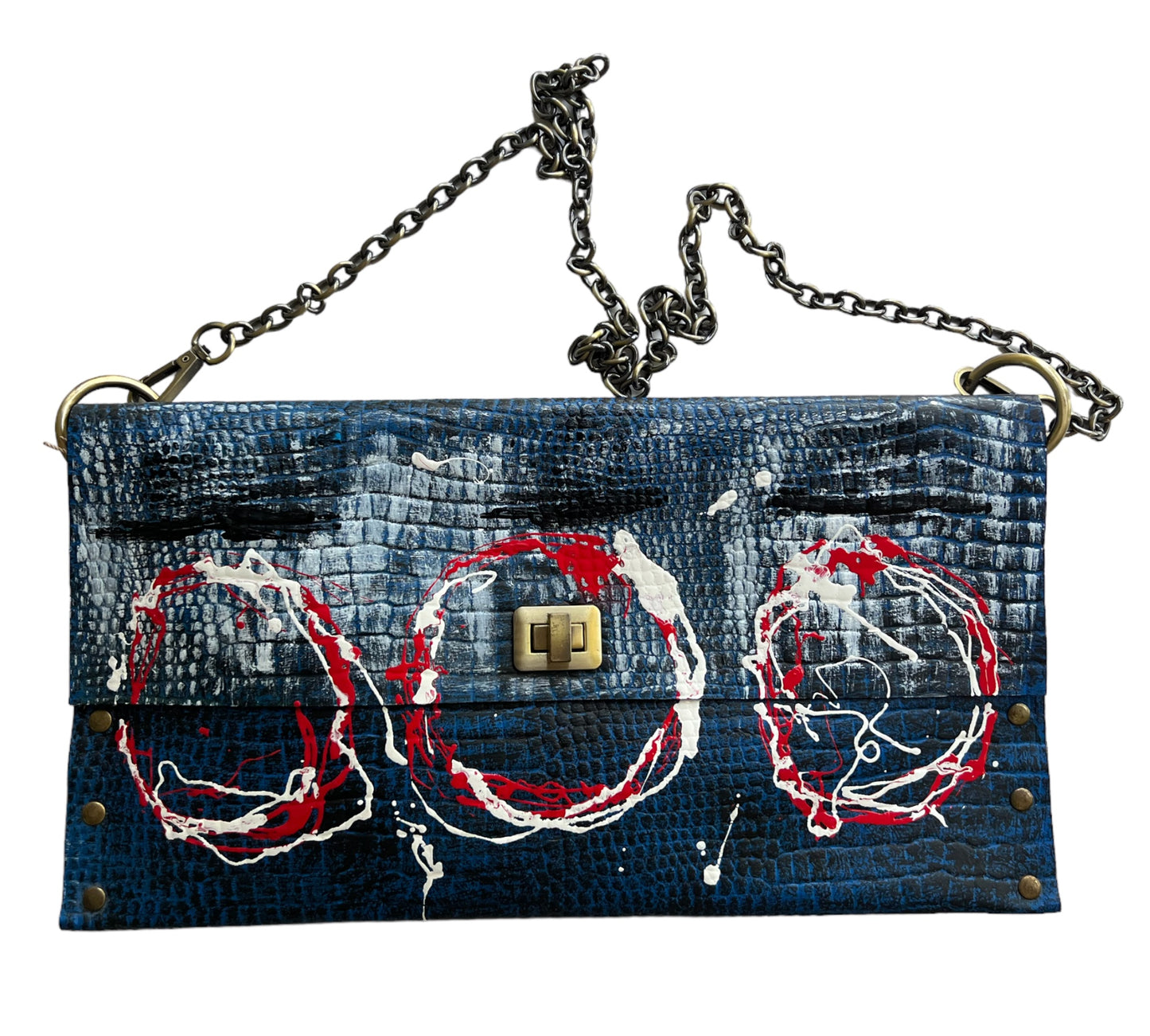 Blue Leather Envelope Clutch Hand Crafted Hand-Painted