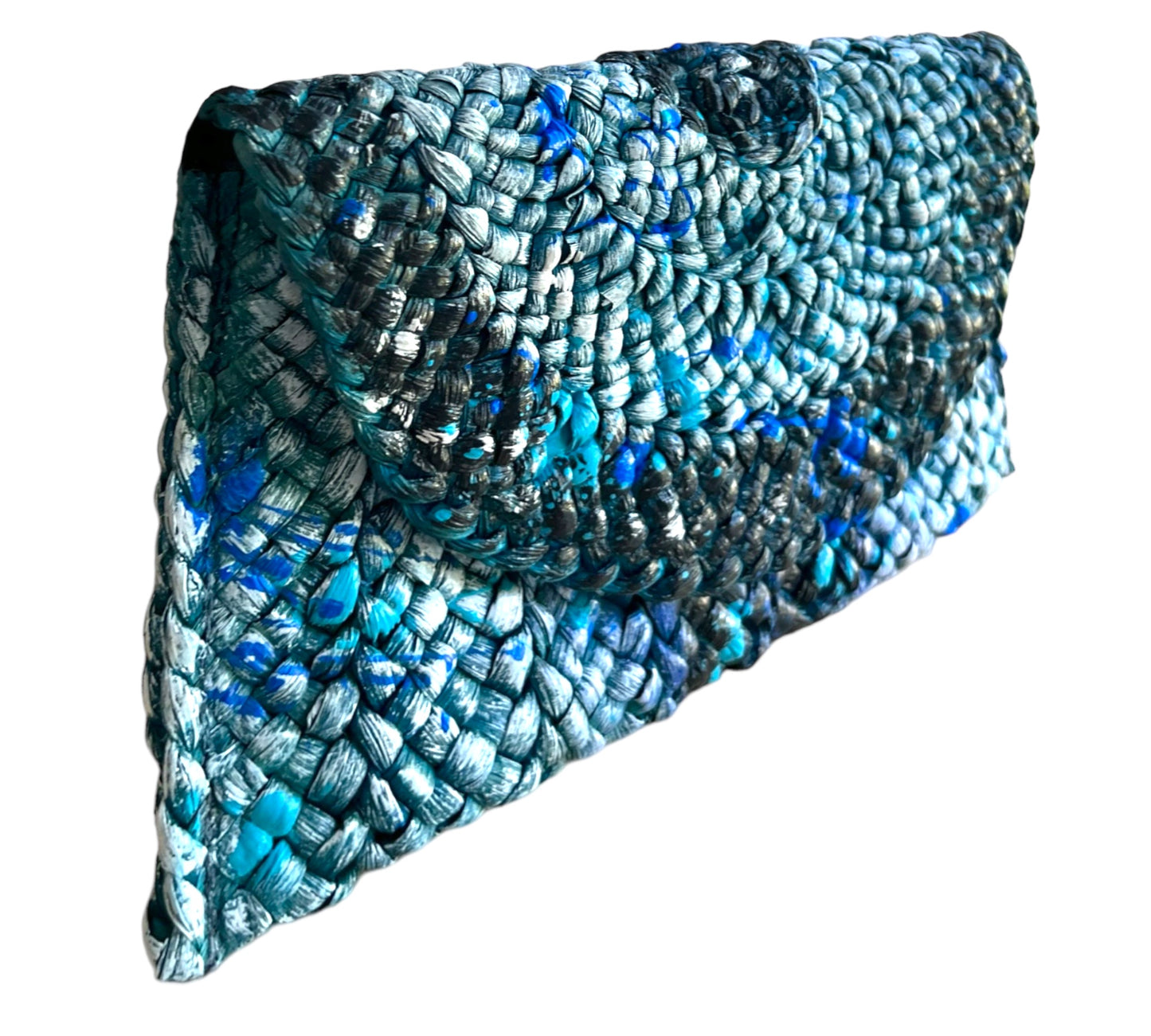 Hand-Painted Blue and Turquoise Straw Clutch