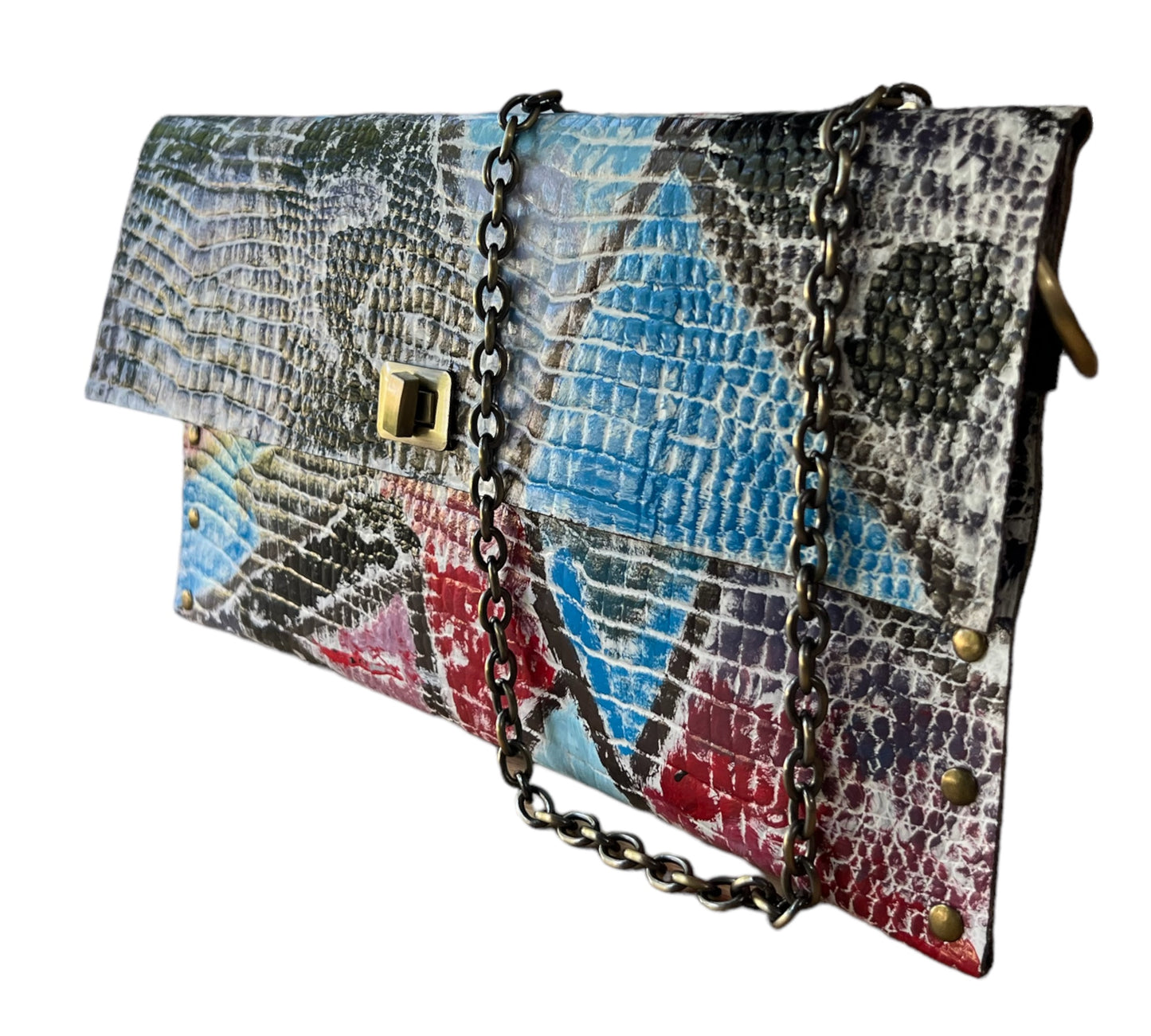 Hand-Painted Leather Clutch - Geometric Motif