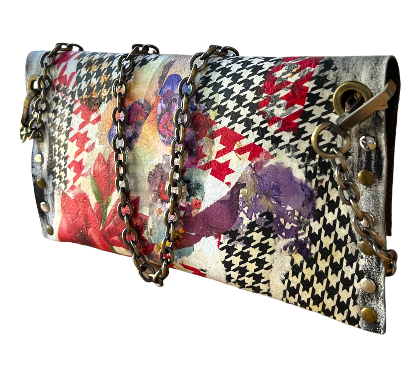 Checkered Pattern and Red Flowers Leather Handbag