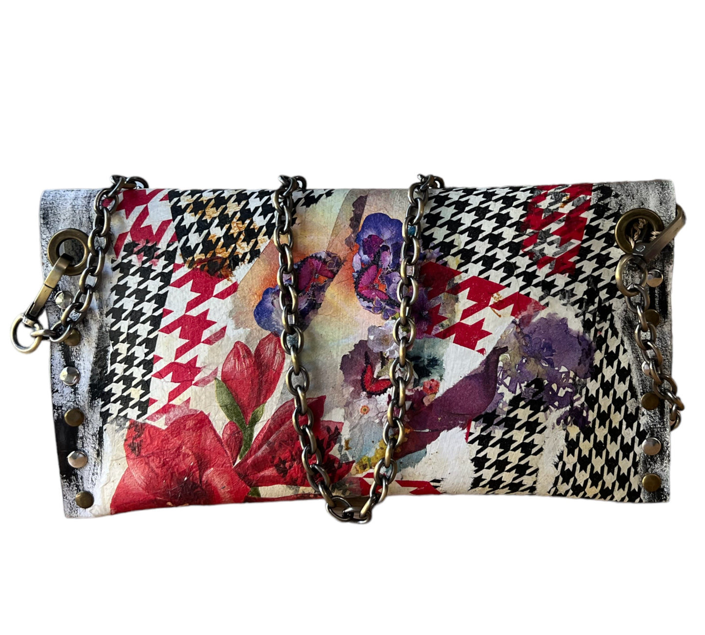 Checkered Pattern and Red Flowers Leather Handbag