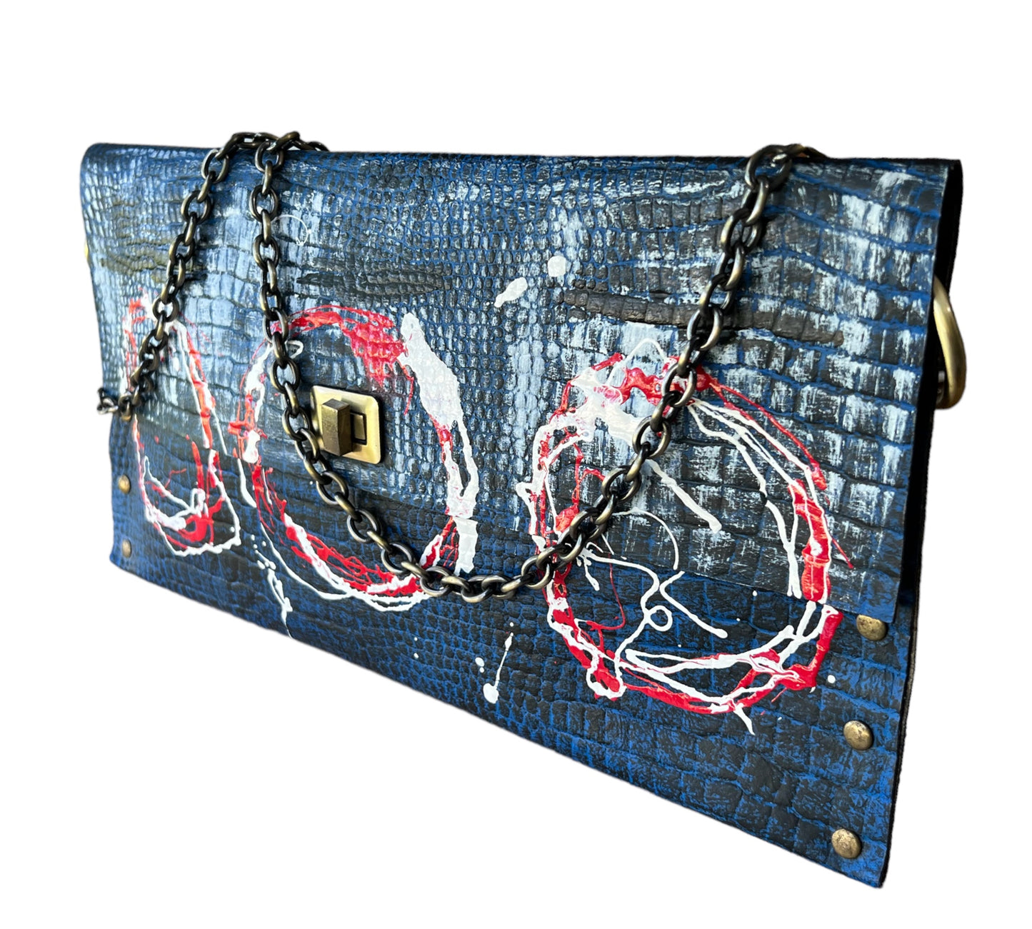 Blue Leather Envelope Clutch Hand Crafted Hand-Painted