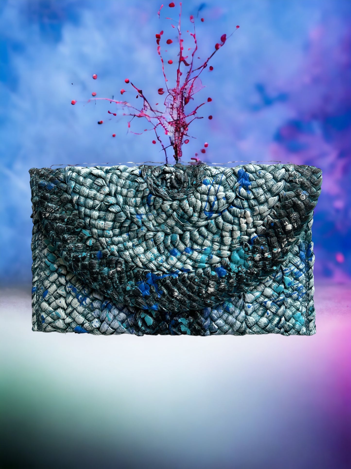 Hand-Painted Blue and Turquoise Straw Clutch